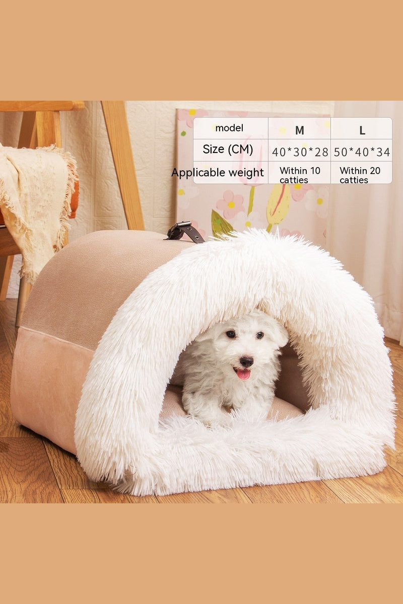 "Brown lightweight tunnel shaped pet bed showing soft interior and comfortable design"