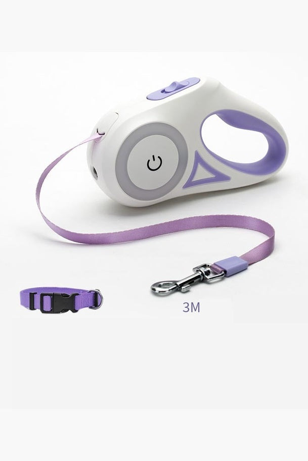 Dog leash with automatic traction system and LED lighting for safety