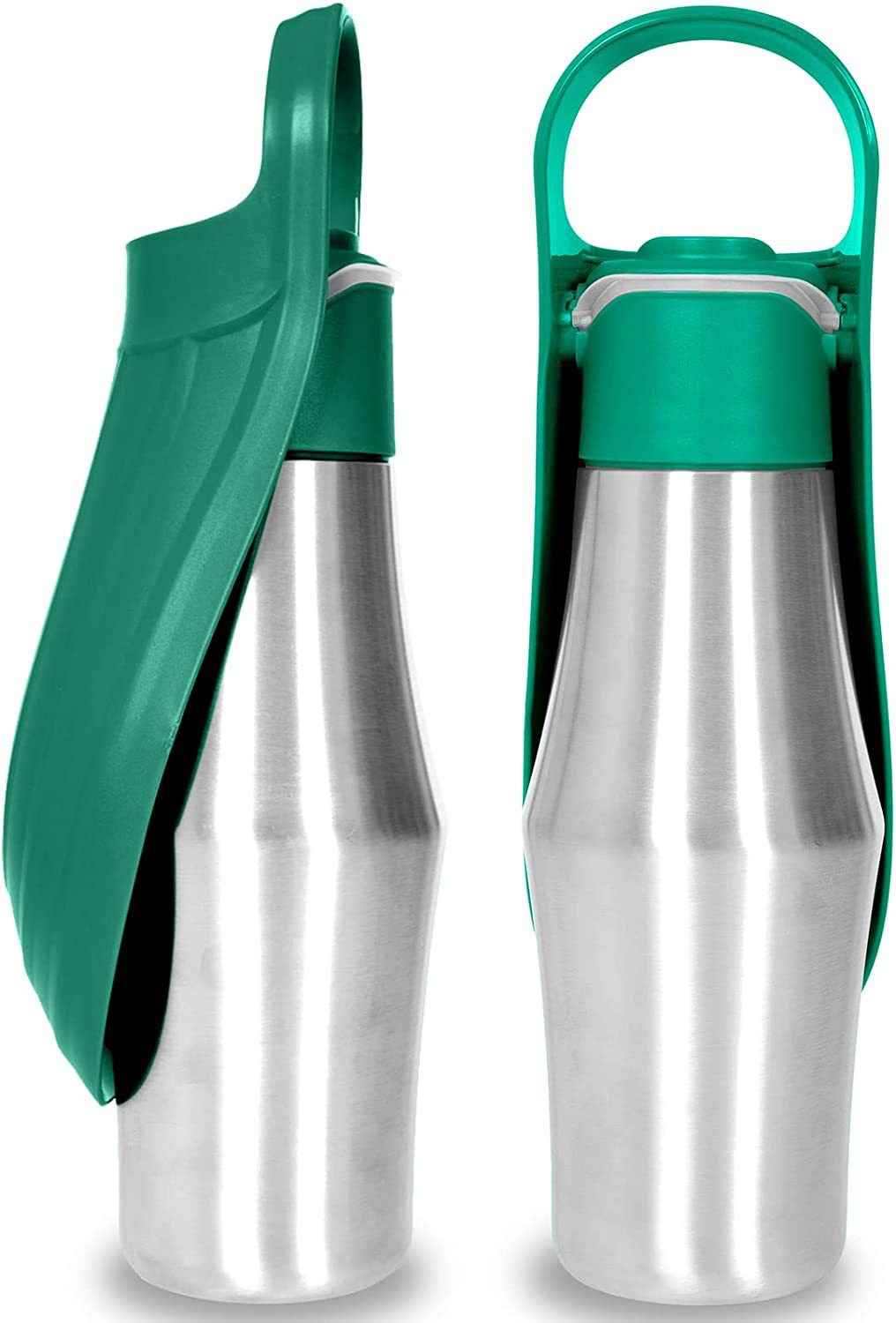 Modern metal pet water bottle featuring a fold-out mint green drinking cup - dreamsforpet