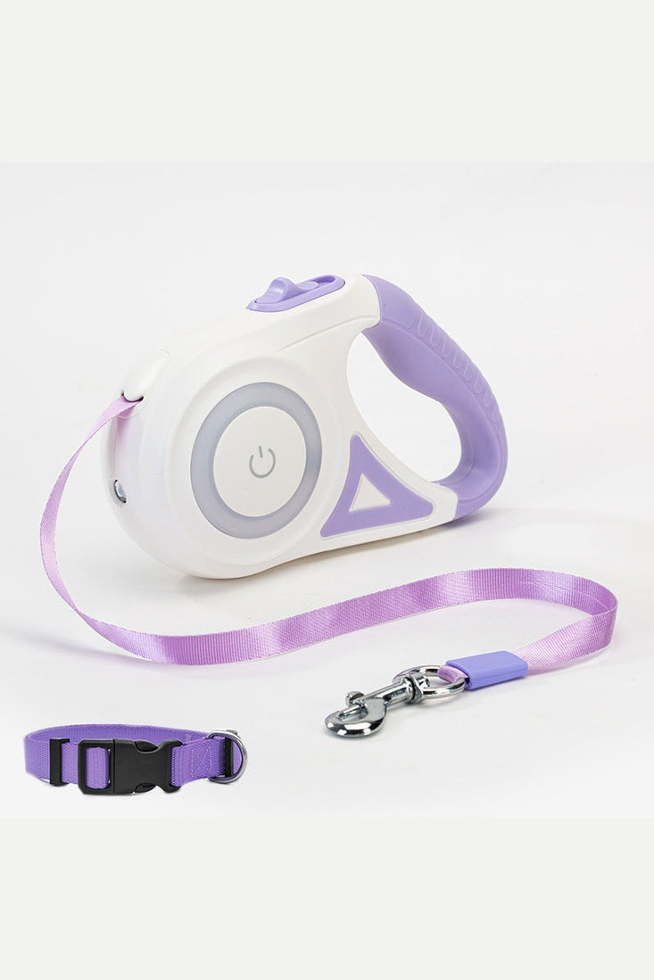 Dog leash with automatic traction system and LED lighting for safety