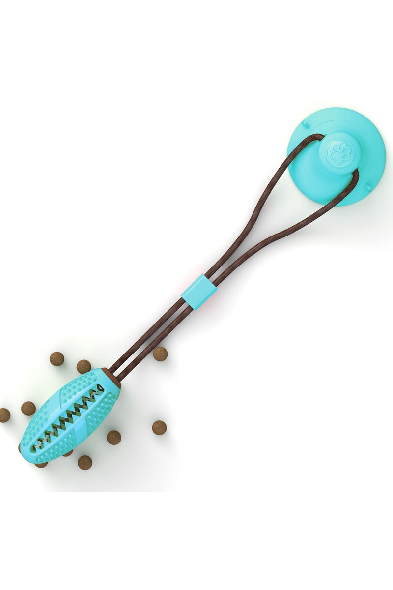  "Blue durable dog chew toy with treat dispenser and teeth cleaning texture"