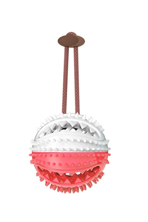  "Pink and blue chewable dog toys showing food compartment for interactive play"