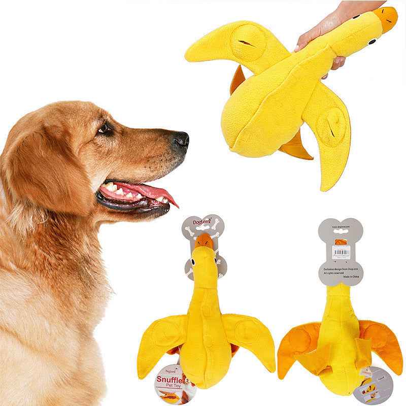 Funny banana peel duck plush toy in bright yellow with orange beak and wings - dreamsforpet