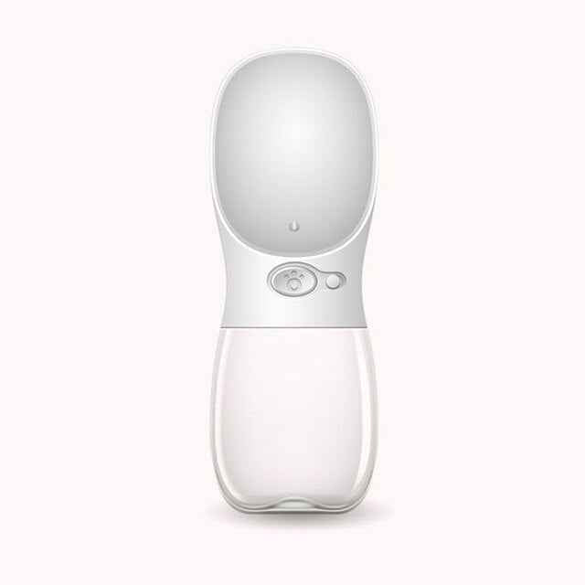 White portable pet water bottle tucked inside a travel backpack - dreamsforpet