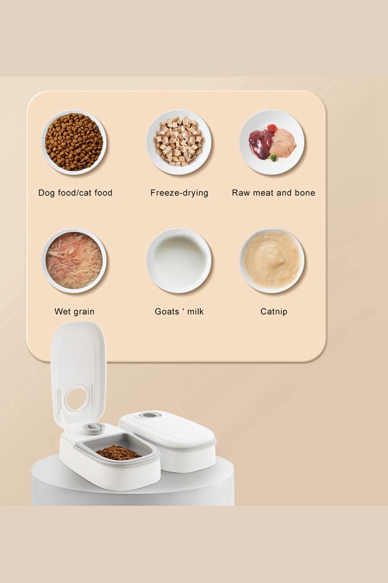Pet feeder side view with food storage compartment
