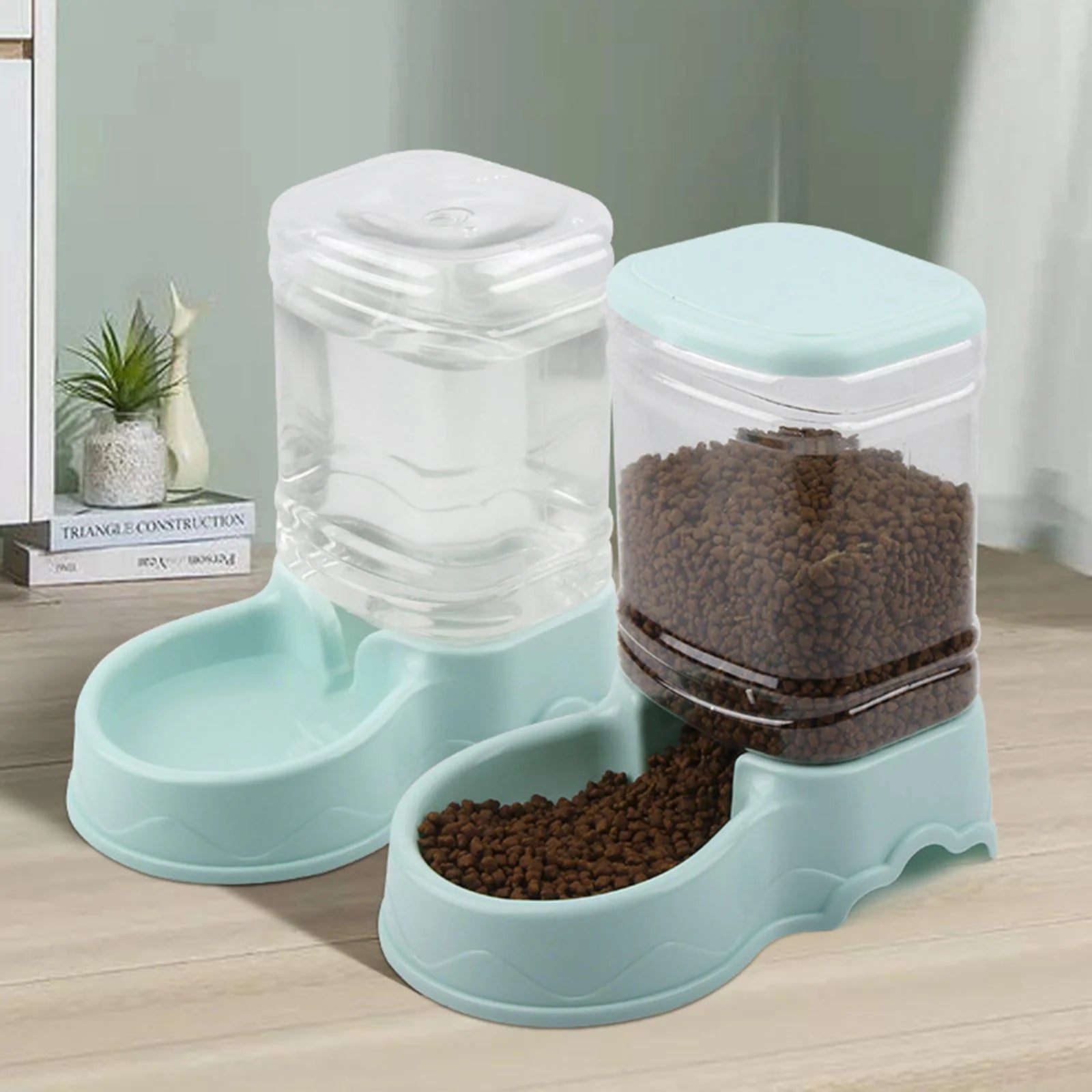 Automatic Cat Feeder, Automatic Pets Food Dispenser, Water Drinking Drinker Dish for Medium Small Pet Puppy Kitten Blue Food Feeder
