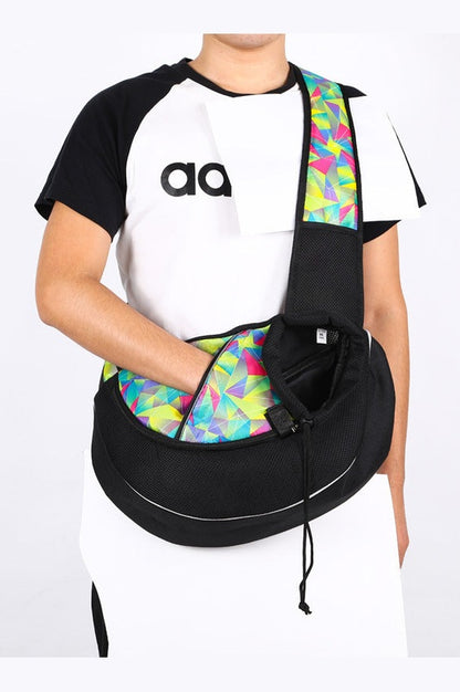  "Multicolored hands-free pet sling with secure pocket and ergonomic support for travel"