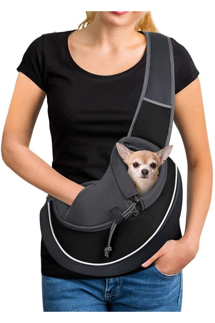  "Black hands-free pet sling carrier with breathable mesh for small dogs and cats"