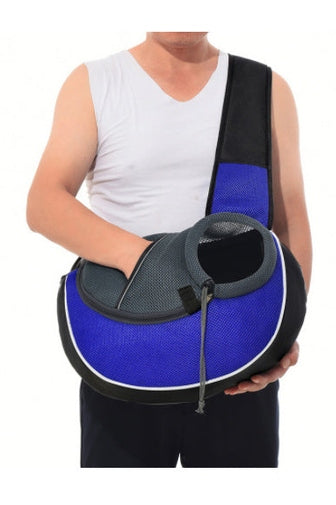"Blue pet sling carrier showing comfortable interior and adjustable design"