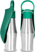 Modern metal pet water bottle featuring a fold-out mint green drinking cup - dreamsforpet
