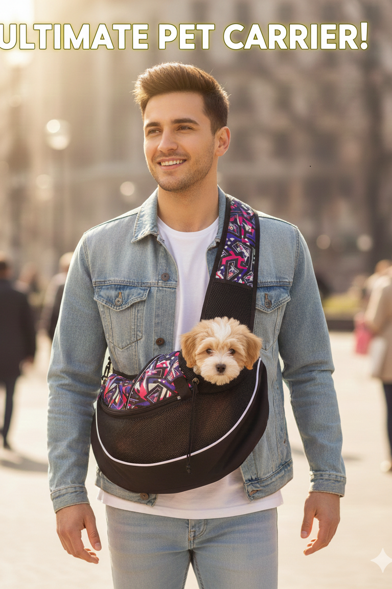 : "Person carrying small dog in comfortable hands-free pet sling carrier outdoors"