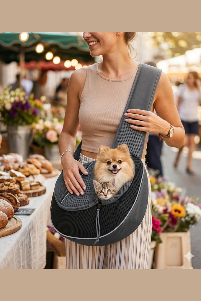  "Portable pet carrier bag demonstrating ergonomic design for city travel and hiking"