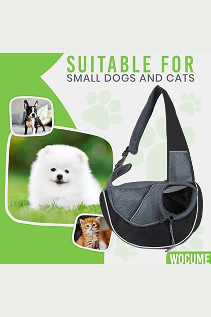 : "Close-up of breathable mesh pet sling carrier with safety strap and comfort padding"