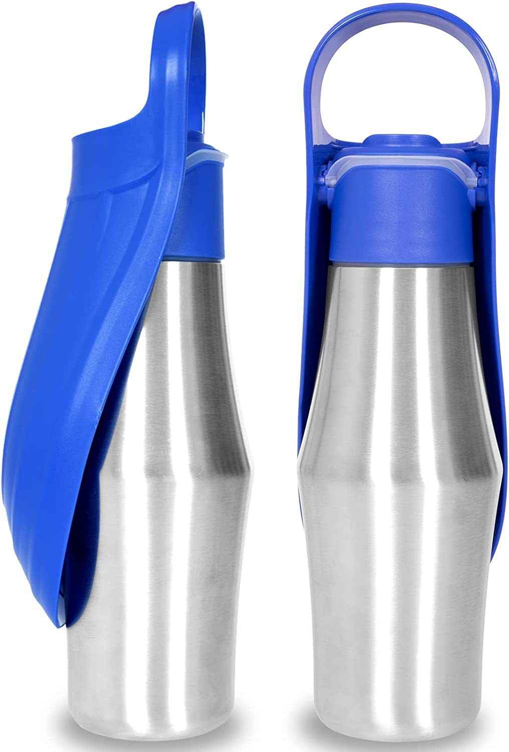 Front and side view of a portable stainless steel pet fountain for travel - dreamsforpet