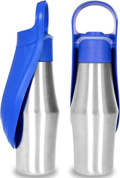 Front and side view of a portable stainless steel pet fountain for travel - dreamsforpet