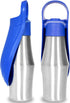 Front and side view of a portable stainless steel pet fountain for travel - dreamsforpet