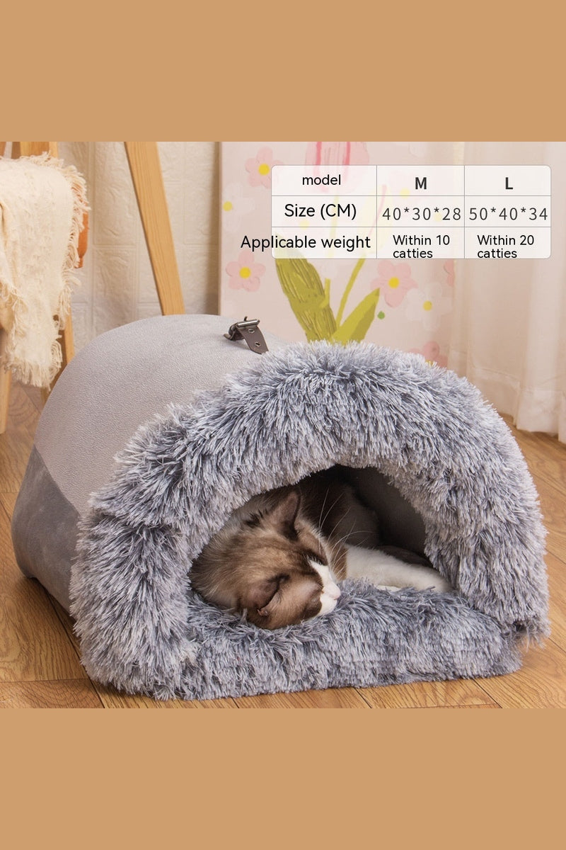  "Grey tunnel shaped cat bed with faux-fur trim providing warmth and comfort"