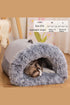  "Grey tunnel shaped cat bed with faux-fur trim providing warmth and comfort"