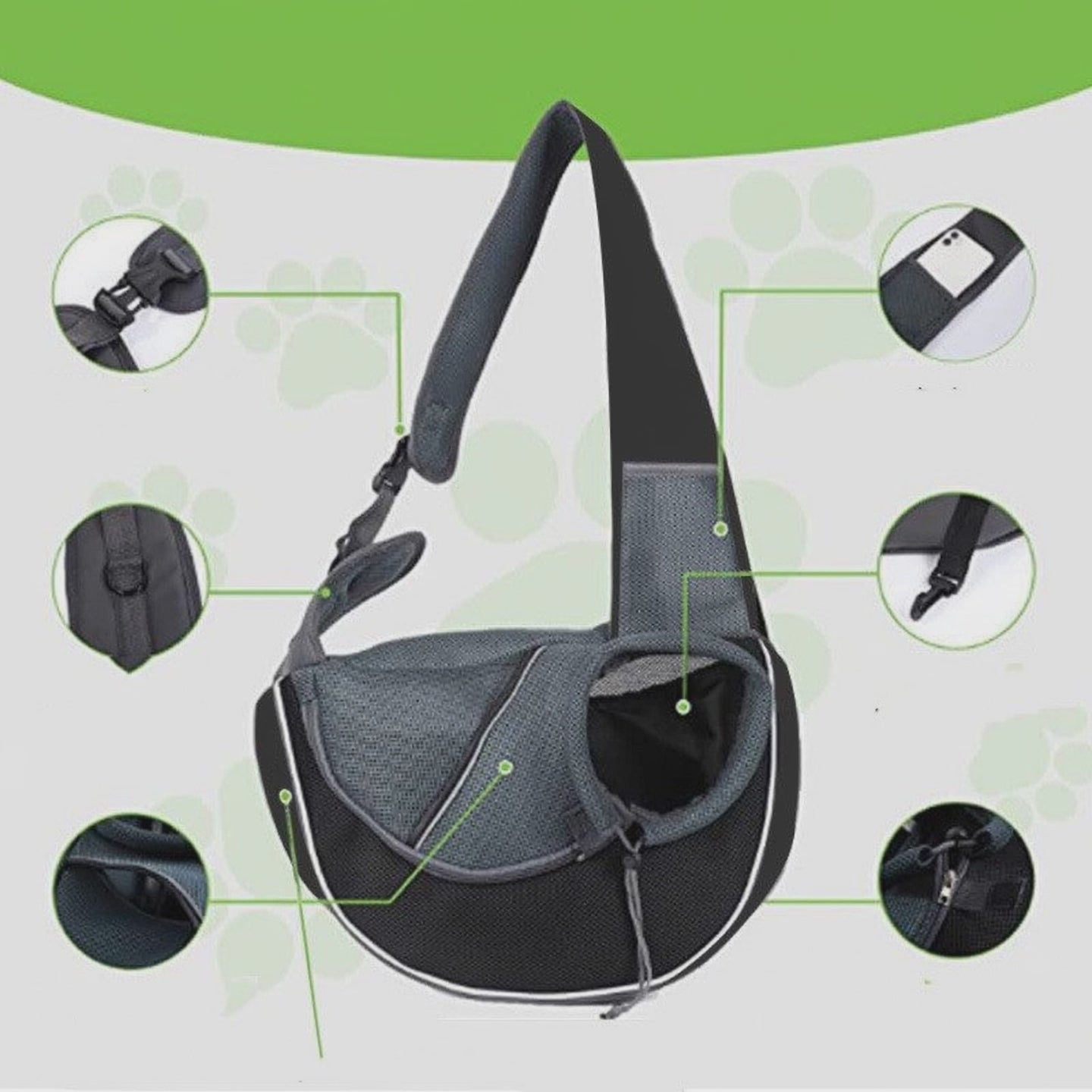  "Black hands-free pet sling carrier with breathable mesh for small dogs and cats"